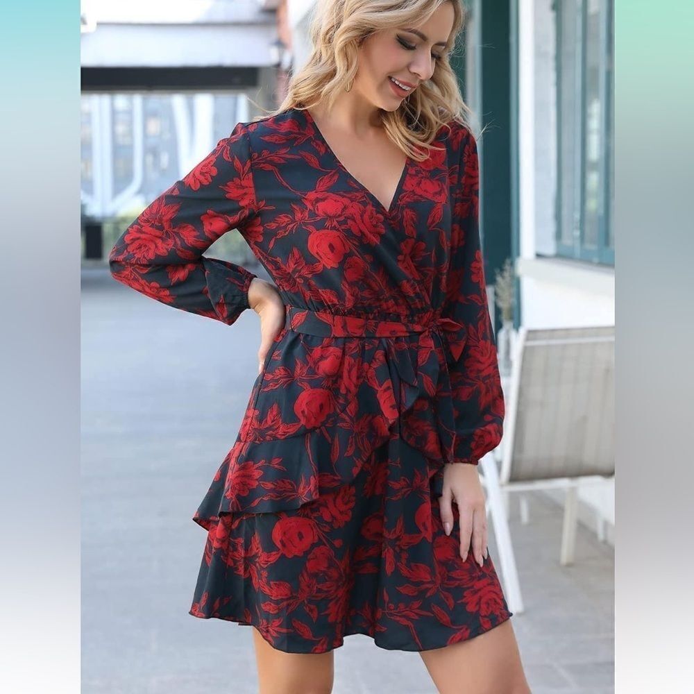 Dress Floral Long Sleeve A-Line Wrap Ruffle NWT SZ M